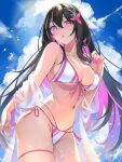  1girl :o alternate_costume azki_(hololive) bare_shoulders bikini black_hair blue_sky blush breasts cleavage cloud cloudy_sky colored_inner_hair commentary_request cowboy_shot day from_below front-tie_bikini_top front-tie_top hair_ornament highres hololive large_breasts looking_at_viewer multicolored_bikini multicolored_clothes multicolored_hair off_shoulder omoti_(1201208) open_mouth pink_eyes pink_hair side-tie_bikini_bottom sky solo streaked_hair swimsuit thigh_strap thighs virtual_youtuber white_bikini white_hair 