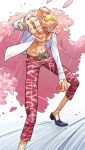  1boy blonde_hair capri_pants coat covered_eyes donquixote_doflamingo e_mouth69 earrings english_text feather_coat highres jewelry leg_hair male_focus muscular muscular_male one_piece open_clothes outstretched_arm pants pink_coat pink_pants shirt short_hair smile solo thread white_shirt 