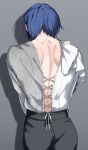  1boy ass back backless_outfit blue_hair commentary_request cross-laced_clothes dark_blue_hair frilled_shirt frills from_behind grey_background hickey high-waist_pants kaito_(vocaloid) male_focus nape pants sentea shadow shirt short_hair solo sweat upper_body vocaloid white_shirt 