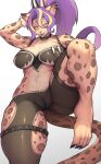 anthro biped blush breasts camel_toe clothed clothing ear_piercing ear_ring eyelashes felid female fur hair hi_res mammal markings open_mouth pantherine piercing pupils purple_hair ring_piercing shirokoma smile spots spotted_body spotted_fur thick_thighs