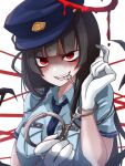  1girl alternate_costume black_hair blood_halo blue_archive blue_hat blue_necktie blue_shirt blush collared_shirt cuffs gloves halo handcuffs hat highres holding holding_handcuffs key_in_mouth komena_(shinyday312) long_hair looking_at_viewer mouth_hold necktie police police_hat police_uniform policewoman red_eyes red_halo shirt solo tsurugi_(blue_archive) uniform white_gloves wings 