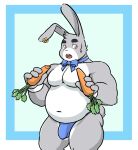 4_fingers absurd_res anthro biped bulge carrot ear_piercing ear_ring eyebrows fingers food fur grey_body grey_fur hi_res lagomorph leporid male mammal navel piercing plant rabbit ring_piercing solo tail vegetable witherrose1