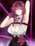  1girl absurdres adapted_costume arm_up armpits breasts commentary eyewear_on_head gloves hair_intakes hand_up highres honkai:_star_rail honkai_(series) kafka_(honkai:_star_rail) large_breasts long_hair looking_at_viewer nisalifa parted_lips purple_eyes purple_gloves purple_hair round_eyewear shirt sleeveless sleeveless_shirt solo sunglasses upper_body white_shirt 