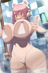  1girl against_glass bangs bare_shoulders blush breast_press breasts cleavage headphones highres huge_breasts long_hair magister navel nitroplus open_mouth pink_hair red_eyes shower_(place) smile solo super_sonico thick_thighs thighhighs thighs white_thighhighs wide_hips 