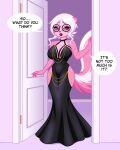 absurd_res anthro big_breasts blush breasts dialogue diana_rayablanca door doorway english_text eyewear female glasses hair hi_res hollow_hip_backless_chain_dress lipstick makeup mammal mephitid pink_body skelly_doll skunk solo stripes text white_hair