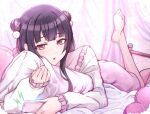  1girl bed black_hair brown_eyes cellphone commentary_request double_bun foot_up hair_bun highres holding holding_phone hugging_object idolmaster idolmaster_shiny_colors kusaka_io long_hair long_sleeves lying mayuzumi_fuyuko nightgown on_bed on_stomach parted_lips phone pillow pillow_hug pink_skirt skirt smartphone solo sweater white_sweater 