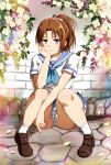  1girl absurdres blue_neckerchief blue_sailor_collar blue_skirt box_wonderland brick_wall brown_footwear brown_hair collared_shirt elbow_on_knee flower hair_ribbon head_rest hibike!_euphonium highres kitauji_high_school_uniform knees_up loafers long_hair looking_at_viewer nakagawa_natsuki neckerchief on_ground panties pantyshot pleated_skirt ponytail purple_eyes ribbon sailor_collar school_uniform serafuku shirt shoes sitting skirt smile socks solo stone_floor underwear white_flower white_panties white_shirt white_socks 