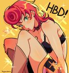  1girl absurdres artist_name black_bra boots bra choker curled_up english_commentary green_eyes happy_birthday highres huyandere jojo_no_kimyou_na_bouken looking_at_viewer math o3o pink_hair pink_lips pompadour skirt solo sparkle trish_una underwear yellow_background 