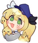  1girl :3 :d blonde_hair blue_hat chibi dragoon_(dokibird) green_eyes grey_jacket indie_virtual_youtuber jacket long_sleeves open_mouth sherbovania simple_background smile solo thick_eyebrows transparent_background twintails upper_body virtual_youtuber 