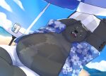 2024 absurd_res anthro beach bear belly big_belly black_body bottomwear clothed clothing cloud detailed_background en_1_9 hi_res kemono male mammal one_eye_closed open_clothing open_shirt open_topwear overweight overweight_male shirt shorts sitting solo stretching topwear