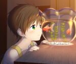  1boy blush brown_hair child closed_mouth collarbone fish fishbowl free! funikurikurara goldfish green_eyes high_speed! indoors looking_at_animal male_focus plant short_hair sleeveless smile solo tachibana_makoto tank_top upper_body yellow_tank_top 