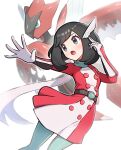  1girl absurdres black_eyes black_hair boots dress gloves gonzarez hair_ornament highres mega_scizor official_alternate_costume open_mouth pantyhose pokemon pokemon_sm red_dress scarf scizor selene_(pokemon) selene_(special_costume)_(pokemon) short_hair two-tone_dress white_dress white_footwear white_gloves white_scarf 