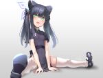  1girl :d animal_ears bangs belt black_hair blue_archive blunt_bangs china_dress chinese_clothes dress green_eyes halo long_hair mary_janes shoes shun_(blue_archive) shun_(small)_(blue_archive) sitting smile solo spread_legs thighhighs twintails usuki_(graygreed) white_thighhighs 