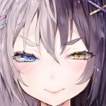  1girl blue_eyes close-up closed_mouth copyright_request grey_hair hair_between_eyes hair_ornament hairclip heterochromia highres looking_at_viewer multicolored_hair nekometaru portrait sketch smile smug solo split-color_hair v-shaped_eyebrows x_hair_ornament yellow_eyes 