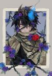  1boy black_hair blood blood_on_face blue_fire blue_flower blue_rose border cloak closed_mouth dated fire flame flower grey_border grey_cloak hair_between_eyes looking_at_viewer male_focus picture_frame plant purple_flower purple_rose red_eyes red_flower red_rose rose ross_(senyuu) sen&#039;yuu. shatin_(pomelomcp) signature solo spiked_hair thorns vines 
