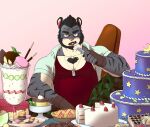 anthro blush cake clothed clothing cookie dessert eyebrows facial_hair felid food fur hair hi_res macaron_(food) male mammal muscular muscular_anthro muscular_male pantherine pastry pie pocky solo striped_body striped_fur stripes tiger witherrose1