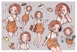  1girl :d ;d ai_nige anna_miller apron back_bow badge bow brown_hair eating food hair_ornament hairclip heart high-waist_skirt holding holding_tray idolmaster idolmaster_cinderella_girls multiple_views one_eye_closed orange_apron orange_eyes orange_skirt ryuzaki_kaoru shirt short_hair short_sleeves skirt smile spilling suspender_skirt suspenders tray waist_apron waitress white_shirt 