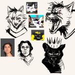 angry anthro black_body black_fur bodily_fluids canid canine canis crown danny_smoke danny_smoke_in_furry_land facial_scar fangs felid fur group hair headgear heterochromia hi_res human king king_magnum male mammal marshall_the_wolf nookdraws open_mouth pantherine royalty saliva scar sketch snout teeth trio wolf