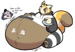 2024 ailurid anthro badger belly belly_overhang big_belly cake clothing dessert dialogue disembodied_hand duo eating eating_food eyes_closed food food_in_mouth hand_on_belly holding_food holding_object hoodie huge_belly hyper hyper_belly legwear male mammal mustelid musteline orvideuhoh overweight overweight_anthro overweight_male red_panda rumbling_stomach solo_focus stockings talking_to_another thigh_highs topwear tyler_(leonbutternoodl) warren_(orvideuhoh)
