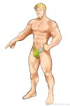  1boy abs absurdres artist_name bara blonde_hair bulge facial_hair full_body goatee hand_on_own_hip highres large_pectorals looking_at_viewer male_focus male_swimwear mature_male muscular muscular_male navel nipples original pectorals pointing pointing_down powerlesssong short_hair solo standing stomach swim_briefs tachi-e thick_eyebrows topless_male tsurime 