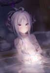  1girl ahoge blue_archive blurry blurry_background blush breasts collarbone commentary_request cupping_hands depth_of_field grey_hair hair_censor hair_over_breasts halo hands_up hina_(blue_archive) holding_water horns long_hair mashiro_aa night night_sky nude outdoors own_hands_together parted_bangs parted_lips partially_submerged purple_eyes sky small_breasts solo star_(sky) starry_sky water 