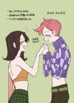  1boy 1girl brown_hair checkered_clothes commentary_request cropped_sweater donatella_una freckles hand_grab jojo_no_kimyou_na_bouken medium_hair midriff open_mouth pink_hair purple_sweater sempon_(doppio_note) smile strapless sweater translation_request vento_aureo vinegar_doppio 