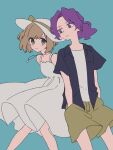  1boy 1girl blue_background blush_stickers brown_hair dress green_eyes hands_in_pockets hat jewelry looking_at_another low_ponytail maco22 necklace original parted_bangs purple_eyes purple_hair short_hair short_sleeves shorts sleeveless sleeveless_dress smile sun_hat 