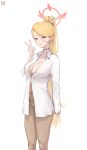  1girl alternate_costume blonde_hair blue_archive blue_eyes blush breasts brown_pants cleavage halo highres large_breasts long_hair looking_at_viewer numb3r_3 pants pina_(blue_archive) ponytail simple_background smile solo v very_long_hair white_background 