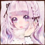  1girl :o bangs blunt_bangs border braid brown_border fingernails hair_ribbon hand_up looking_at_viewer multicolored_nails nekometaru original parted_lips purple_eyes purple_hair ribbon solo 