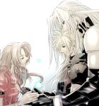  1girl 2boys aerith_gainsborough aiz00 armor bangle black_coat black_footwear black_gloves blonde_hair blue_eyes bracelet breasts brown_hair close-up closed_eyes closed_mouth cloud_strife coat dress earrings final_fantasy final_fantasy_vii final_fantasy_vii_rebirth final_fantasy_vii_remake gloves green_eyes grey_hair half-closed_eyes highres holding_hands jacket jewelry long_bangs long_hair materia medium_breasts multiple_boys parted_bangs pink_dress red_jacket sephiroth short_hair short_sleeves shoulder_armor sidelocks single_bare_shoulder single_earring single_shoulder_pad sleeveless sleeveless_turtleneck slit_pupils smile spiked_hair suspenders turtleneck twitter_username wavy_hair 