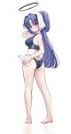  1girl absurdres ass barefoot blue_archive blush bottle breasts full_body halo highres large_breasts long_hair looking_at_viewer looking_back malon_(chuan2700) mechanical_halo purple_eyes purple_hair simple_background solo standing swimsuit towel water_bottle white_background yuuka_(blue_archive) 