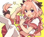  1boy astolfo_(fate) astolfo_(sailor_paladin)_(fate) black_bow blush bow braid clenched_hand fang fate/apocrypha fate/grand_order fate_(series) finger_to_mouth hair_bow hair_ribbon long_braid long_hair male_focus midriff multicolored_hair navel neckerchief official_alternate_costume open_mouth otoko_no_ko pink_hair ponpoko protected_link purple_eyes red_neckerchief red_sailor_collar red_skirt ribbon sailor_collar school_uniform serafuku shirt short_sleeves single_braid skirt smile solo star_(symbol) streaked_hair thighhighs two-tone_hair very_long_hair white_hair white_shirt white_thighhighs 