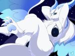 anthro biped blueondrive breasts clothing dragon eyelashes female fur hi_res looking_at_viewer lying mythological_creature mythological_scalie mythology on_back pawpads pupils scalie swimwear thick_thighs white_body white_fur winged_dragon