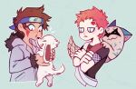 2020 accessory ambiguous_feral ambiguous_gender arkay9 brown_hair canid canine canis clothed clothing digital_drawing_(artwork) digital_media_(artwork) domestic_dog domestic_pet eyes_closed feral fur gaara group hair headband holding_character human kiba_inuzuka male male_human mammal naruto open_mouth pawpads paws pink_hair quadruped raccoon_dog shukaku simple_background tanuki teal_background white_body white_eyes white_fur