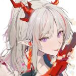  1girl :p arknights chinese_commentary close-up commentary_request dragon_girl dragon_horns earrings grey_hair horns jewelry long_hair looking_at_viewer multicolored_hair nian_(arknights) pink_eyes pink_hair pointy_ears portrait red_hair shishan979_(seleneebai) simple_background sketch smile solo streaked_hair tongue tongue_out white_background 