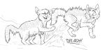 2010 ambiguous_gender black_and_white canon_couple cinderheart_(warriors) claws domestic_cat duo english_text feet felid feline felis female_(lore) feral graystripe64 head_tuft hi_res line_art lionblaze_(warriors) male_(lore) mammal monochrome one_eye_closed open_mouth open_smile paws quadruped smile splash tabby_cat tail teeth text tuft warriors_(book_series) water