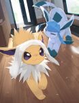  animal_ears animal_feet animal_focus blue_fur closed_eyes closed_mouth glaceon indoors jolteon nagasaki_wonderful open_door open_eyes pokemon pokemon_(creature) purple_eyes shaking standing tail towel two-tone_fur wet white_fur wooden_floor yellow_fur 