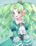  1girl :d ascot bad_id bad_twitter_id collared_dress colored_eyelashes commentary_request cowboy_shot dress falulu falulu_(awakened) forehead_jewel green_dress green_hair grey_background grey_eyes hat headphones idol_clothes inactive_account long_hair long_sleeves looking_at_viewer mini_hat open_mouth parted_bangs pretty_series pripara shiyurinpu sidelocks smile solo standing translation_request twintails white_ascot 