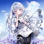  1girl blue_eyes blue_sky blunt_ends blush chi_no closed_mouth cloud cloudy_sky eyelashes flower hair_ornament hairclip highres long_hair looking_at_viewer naruse_shiroha shirt short_sleeves sidelocks skirt sky solo summer_pockets very_long_hair white_hair white_shirt 