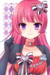  1girl ace_(playing_card) argyle_background bow card choker club_(shape) diamond_(shape) elbow_gloves gloves hair_bow highres hojo_sophy karasuma_nata long_hair pink_hair playing_card pretty_series pripara purple_eyes short_sleeves smile solo spade_(shape) upper_body 