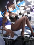  :/ azur_lane bare_shoulders black_gloves blue_sky blush bodysuit bodysuit_under_clothes breasts brown_bodysuit brown_eyes brown_hair brown_pantyhose car checkered_flag cleavage cleavage_cutout closed_mouth clothing_cutout cloud day dot_nose elbow_gloves flag full_body gloves ground_vehicle hair_ribbon hands_up high_heels highres holding holding_flag large_breasts legs leotard long_hair looking_at_viewer motor_vehicle official_alternate_costume pantyhose ponytail qing_wu race_queen ribbon sitting sitting_on_car sky sleeveless takao_(azur_lane) takao_(full_throttle_charmer)_(azur_lane) turtleneck very_long_hair white_gloves white_ribbon 