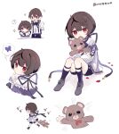  1boy black_shorts blush brown_hair child ensemble_stars! full_body highres legwear_garter long_sleeves male_child male_focus red_eyes ribbon sakuma_ritsu shirt short_hair shorts socks solo stuffed_animal stuffed_toy teddy_bear translation_request white_background white_shirt xinghuo 