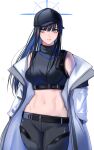 1girl bangs bare_shoulders baseball_cap belt black_belt black_hair black_headwear black_pants black_shirt blue_archive blue_eyes breasts coat commentary_request cornerofawell cowboy_shot crop_top hat highres large_breasts leggings long_hair long_sleeves looking_at_viewer midriff navel off_shoulder open_clothes open_coat pants saori_(blue_archive) shirt simple_background sleeveless sleeveless_shirt solo standing stomach very_long_hair white_background white_coat 