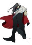  1boy black_footwear black_hair black_pants cape closed_mouth collared_cape crack expressionless from_below full_body head_down hunter_x_hunter illumi_zoldyck long_hair looking_at_viewer male_focus mojisan_(ebimo) pants red_cape shirt simple_background solo standing white_shirt wind 