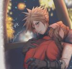  1boy 1girl aerith_gainsborough arm_around_back armor bandaged_arm bandages blonde_hair blue_eyes blush braid braided_ponytail brown_gloves brown_hair cloud_strife couple cropped_jacket earrings final_fantasy final_fantasy_vii final_fantasy_vii_rebirth final_fantasy_vii_remake fireworks gloves gondola hair_between_eyes hair_ribbon hand_on_another&#039;s_chest hetero highres hug jacket jewelry long_hair looking_at_another parted_bangs parted_lips pink_ribbon red_jacket ribbon short_hair shoulder_armor single_braid single_earring sleeveless sleeveless_turtleneck spiked_hair suspenders turtleneck upper_body yuu_crazy_doll_sae 