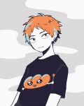  1boy constricted_pupils ear_piercing highres maco22 male_focus orange_eyes orange_hair original piercing print_shirt shirt short_hair short_sleeves smile solo t-shirt upper_body 