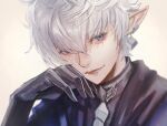  1boy alphinaud_leveilleur black_gloves blue_eyes close-up earclip elezen elf final_fantasy final_fantasy_xiv fukowaikaga gloves hair_between_eyes hand_on_own_face hand_up looking_to_the_side male_focus pointy_ears portrait sideways_glance simple_background smile solo white_background white_hair 
