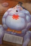 2024 absurd_res balls belly big_belly blue_body blush bodily_fluids clock detailed_background eyes_closed fish-men_(one_piece) flaccid genitals hi_res jinbe kemono male marine moobs one_piece overweight overweight_male penis sakusan_kc sauna sitting solo sweat towel
