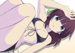  1girl absurdres angel_beats! arm_at_side arm_up bare_arms bare_shoulders bikini black_bikini blunt_bangs bow breasts cleavage collarbone commentary_request curvy dutch_angle eyes_visible_through_hair feet_out_of_frame front-tie_bikini_top front-tie_top green_bow green_eyes hair_bow halterneck hand_on_own_head highres legs_together legs_up lelie_(lelie_link) looking_at_viewer lying medium_breasts medium_hair nakamura_yuri on_back open_mouth purple_hair shiny_skin simple_background solo straight_hair swimsuit thighs white_background 