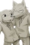 2020 anthro beastars bird_dog bodily_fluids bottomwear canid canine canis clothed clothing cute_fangs digital_media_(artwork) domestic_dog dress_shirt duo fully_clothed hunting_dog jack_(beastars) ko-gami labrador legoshi_(beastars) looking_at_another male mammal necktie open_mouth open_smile pants retriever school_uniform shirt simple_background smile smiling_at_another sweat topwear uniform white_background wolf